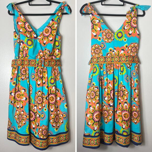 TRINA TURK DRESS 8 SILK TROUBADOUR FLORAL TURQUOISE BLUE PRINTED BOW TIE BELTED - Picture 1 of 16